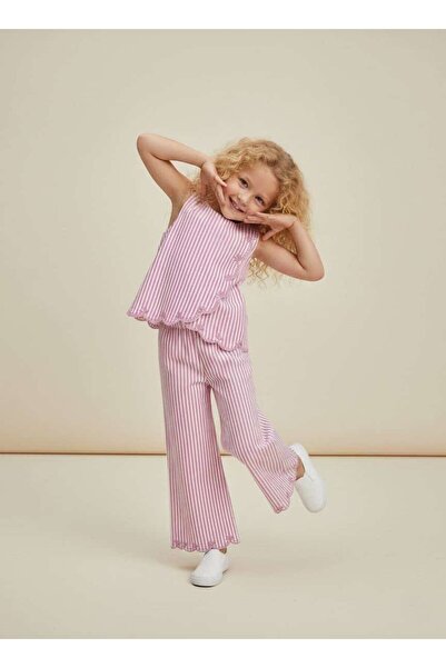 KAYAKİDS Girl's Summer Pink Festive Striped Comfortable Stylish Linen Two-Pie...