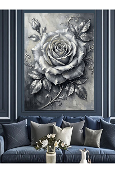 Artmeg Pânză decorativă cu detaliu de trandafir mare alb-negru - Tablou din l...