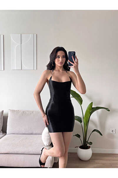 Zoom Butik Aksesuarlı Saten Mini Elbise - SİYAH