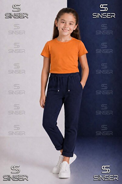 SS SİNSER Pantaloni uni pentru fete, cu talie elastică, stil Lycra cu tiv pli...