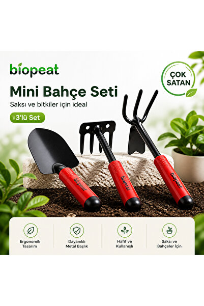 BioPeat Mini Bahçe Seti 3’lü | Kürek, Tırmık, Çapa | Saksı ve Bitki Bakım El ...