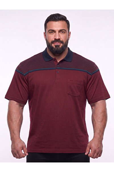 TURHAN TRİKO Burgundy Navy Blue Striped Short Sleeve Polo Collar Men's T-Shirt