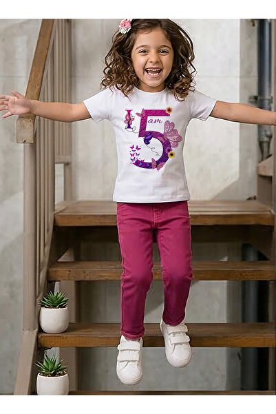 Funkaar Birthday Girl, 5th Year Butterfly Birthday Graphic Print T-Shirt