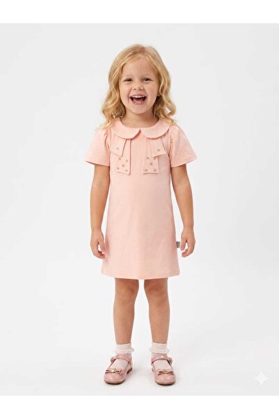 MİNOLES KIDS Stone-Embellished Bow Dress for Girls in Combed Cotton Fabric