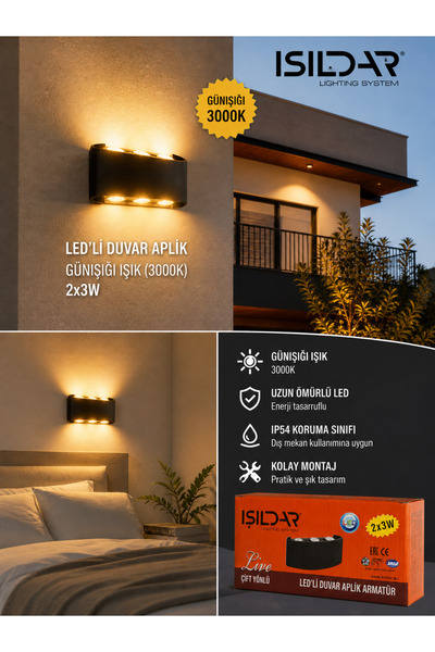 Işıldar Dekoratif Çift Yönlü Aplik Armatür 3000k GÜNIŞIĞI 220V 3X2 HAİTİ İÇ V...