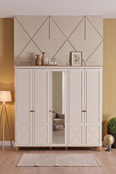 Palmera Atlas Premium 5 Kapaklı Dolap Mat Aytaşı Lazer İşlemeli MDF Kapak LED...