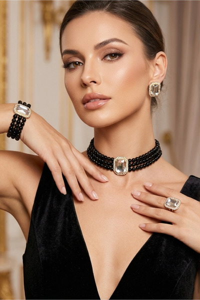 Happyline Baget Taşlı Siyah İncili Choker Set Takım, Siyah Cam İncili Kolye ,...