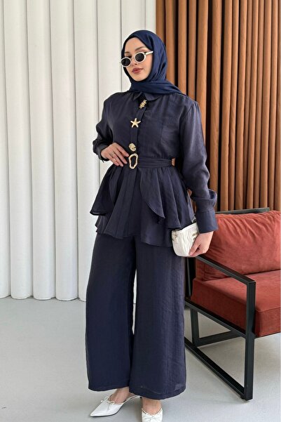 QUAWEAR طقم مكون من قميص بياقة معدنية ذهبية وتنورة مزينة بحزام وكشكشة وبنطلون...