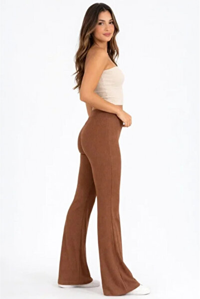 Efnaz style Corded Fabric Ribbed Knit Flared Leggings High Waist E Stretchy C...