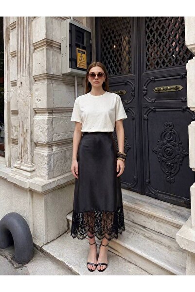 B&Y COLECTION Saten Kumaş Midi Boy Dantelli Kadın Etek