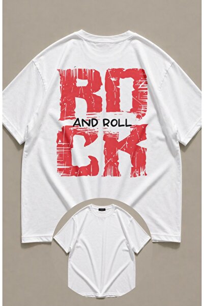 Fuddy Moda Tricou unisex oversize cu imprimeu rock and roll, cu gât rotund