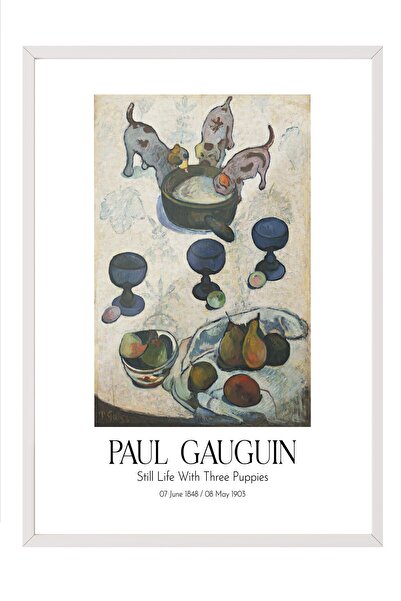 Postifull Paul Gauguin - Natură statică cu trei căței, Tablou în ramă albă, S...