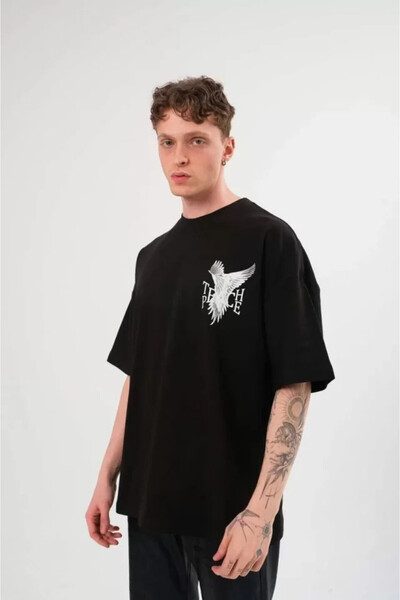 Efnaz style Unisex Crew Neck Printed Oversize T-Shirt - Black