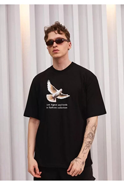 Efnaz style Unisex Crew Neck Printed Oversize T-Shirt - Black