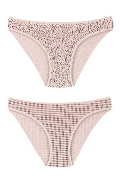 Kadın 2'Li Pamuklu Desenli Bikini Külot Seti - Zebra-Kare Desenli
