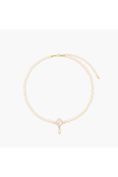 Lifestyle Gold Tone Necklace with Cubic Zirconia Pearl Embellishment