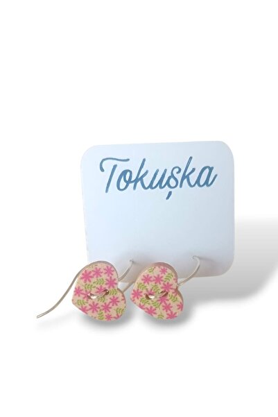 Tokuşka Wooden Heart Shaped Pink Green Minimalist Floral Pattern Printed Butt...