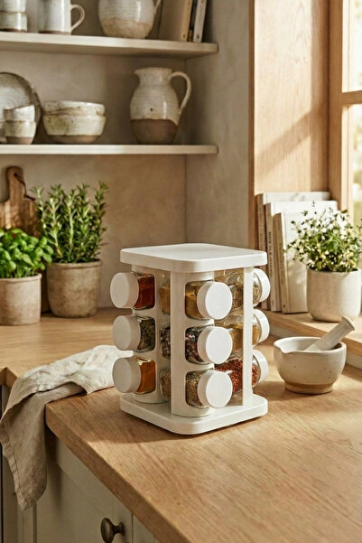 leelaHOME Set of 12 Square Spice Jars with Rotating Stand 140 ml - White