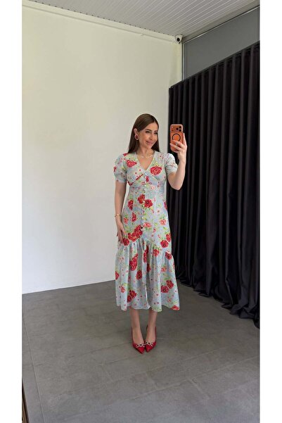 elif teke Peonia Red Floral Patterned V-Neck Dress Baby Blue