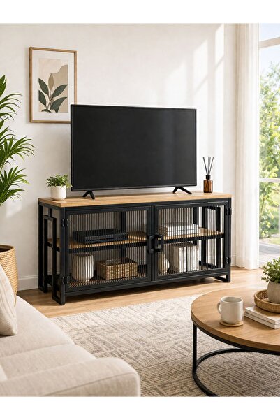 UYKULA TV Sehpası 90 cm Metal Ayaklı Ahşap Üstlü Raflı Modern TV Ünitesi