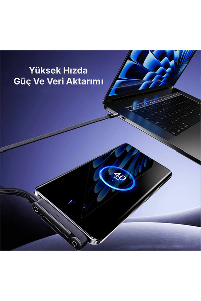 Qozie 240W 1.5M Hızlı Şarj | Standlı | Metal Başlıklı Gamer Type-C to Type-C Kablo