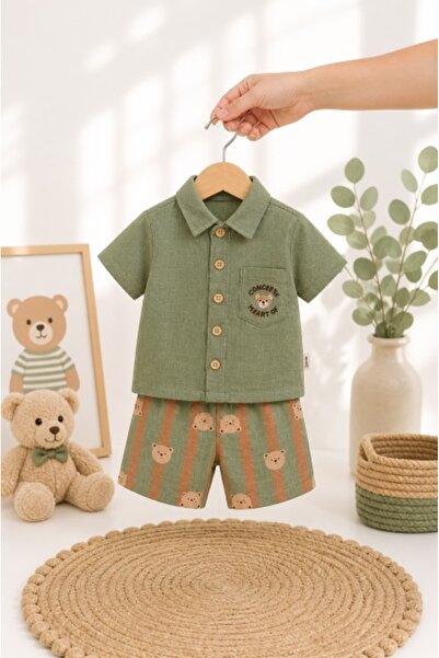 Superbaby Citir, set pantalonasi si camasuta verde ursuleti