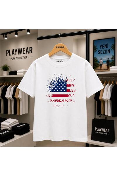 playwear Μπλουζάκι με στάμπα στο στήθος με σημαία Αμερικής, 100% βαμβακερό, o...