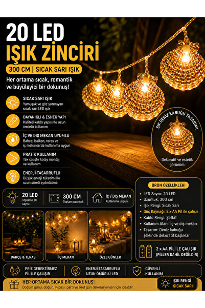 Ecuy Deniz Kabuğu LED Işık Zinciri 300 CM 20 LED Sıcak Sarı Işık Dekoratif Or...