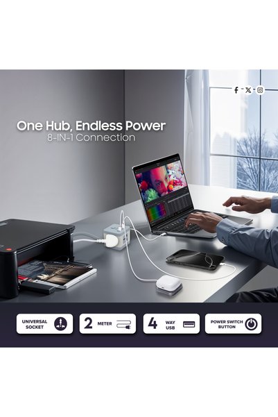 UNIPOWER Cube 8-in-1 Power Strip – Extension Cord with 4 Universal Sockets & 4 USB Ports, 2M Cable, Shutters & Power Switch | Compact Multi-Device Charging Station for Home, Office & Travel