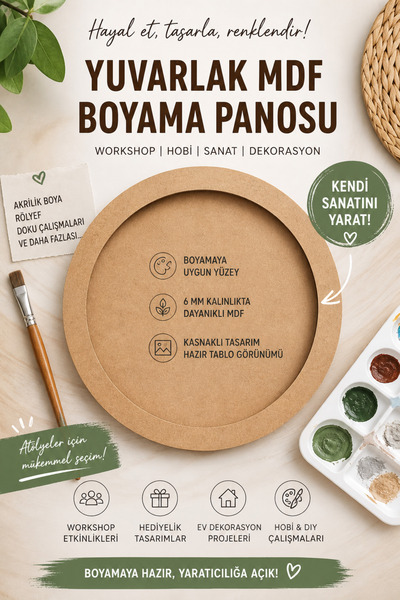 DEKOLOBİ Yuvarlak MDF Led Boşluklu Boyama Panosu | 60cm | Workshop & Hobi İçi...
