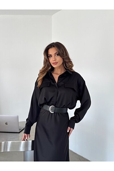 myd Crepe Satin Shirt with Flap Pockets - Black