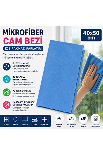 Muggio 40x50 Mikrofiber Cam Bezi, Cam Silme Bezi İz Tüy Hav Bırakmaz Ayna Par...