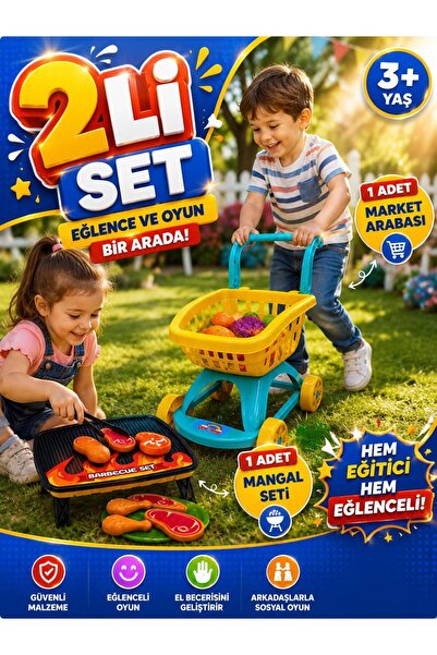SAZE 2’li Oyuncak Market Arabası ve Mangal Seti Çocuk Alışveriş Arabası Barbe...