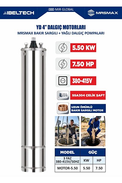 MRSMAXX 4” Dalgıç Motor 5.50 KW (7.50 HP) Trifaze 380-415V | Bakır Sargılı Ya...