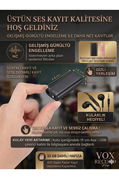 Tokurtech 32 GB Premium Dijital Mini Ses Kayıt Cihazı Ses Sensörlü Kulaklıklı...