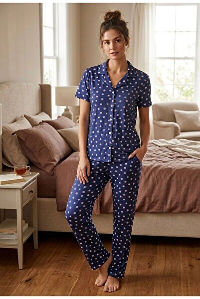 PIOVE Women's Purple Floral Patterned Buttoned Short Sleeve Pajama Set
