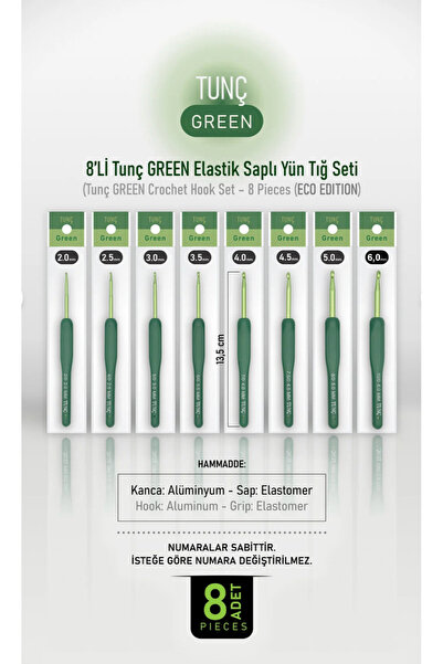 urzsmell Tunç GREEN - 8'li Set- Elastik Saplı Yün Tığ - 8 Adet Yün Tığ