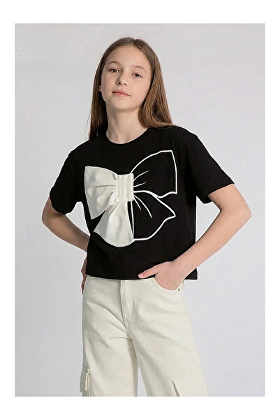 kidstalya Black Girls' T-Shirt with White 3D Bow