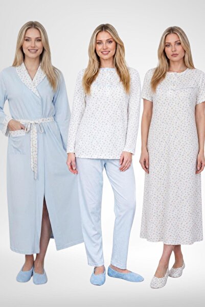 Mecit Pijama Mecit 6385 Blue Large Size Women's Dressing Gown Pajamas and Sho...