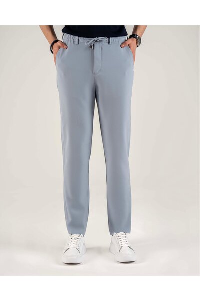 TerziAdemAltun Italian Style Slim Fit Men's Waist-Tied Pantalon Blue T14557