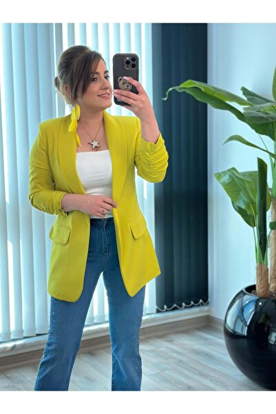 MELTEM TUĞAN Düğmesiz Astarlı Kolu Büzgülü Blazer Ceket Kivi