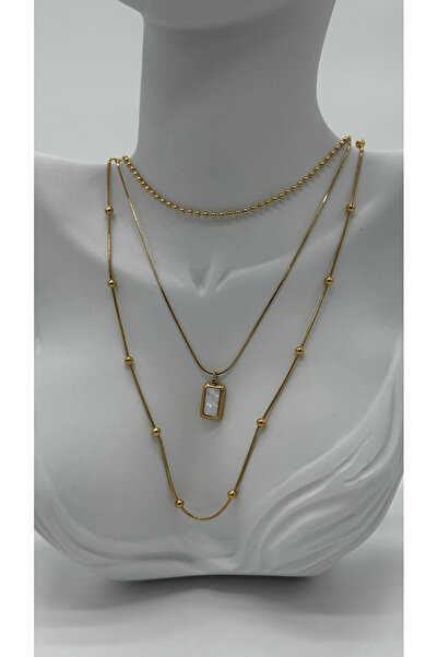 TAKIŞINA Steel Gold White Square Combination Necklace Set - Gold