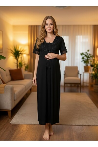 Lohusa Homewear New Season Black Short Sleeve Elegant Lace Embroidered Design...