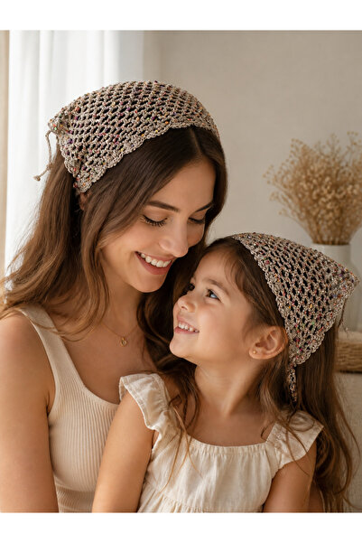 ESYCREATİVE Anne Kız, Bohem Örme Saç Bandası, Kahverengi Renkli Pullu Bandana