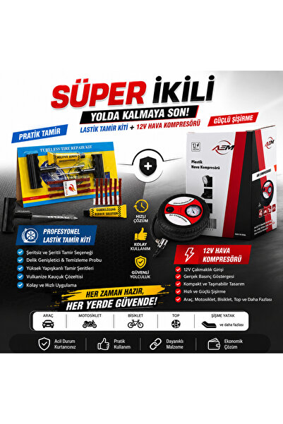 AEM Süper İkili Lastik Tamir Kiti + 12V Mini Hava Kompresörü Yol Yardım Seti