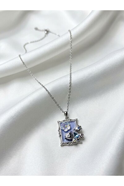 NUR TASARIM ATÖLYESİ Women's Steel Butterfly Flowered Silver Table Necklace