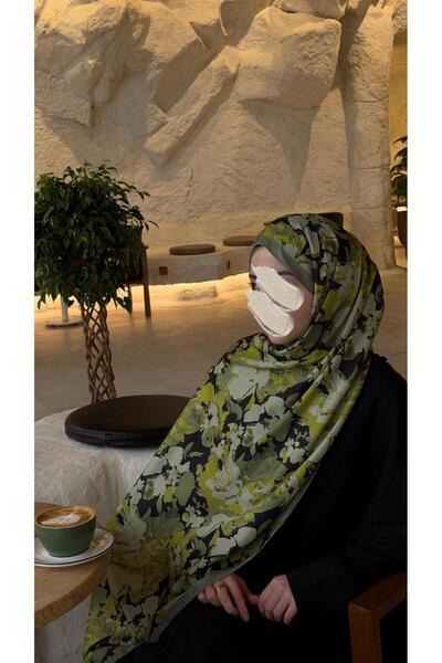 Qalortex Scarf Șal din bumbac cu model de grădină - Verde măsliniu