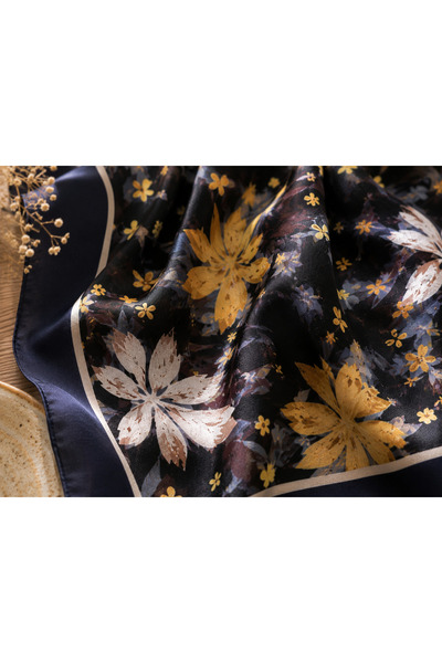 Êtoile Navy Blue Color Floral Patterned Cotton Soft Square Scarf Nazende Series