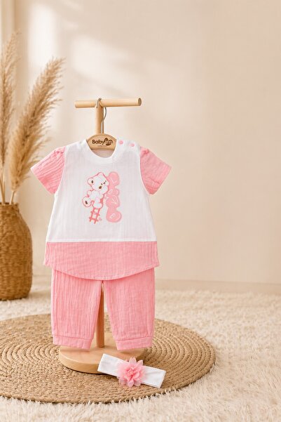 METEOR BABY Baby Girl 3-Piece Set Teddy Bear Embroidered Bandana Top and Bott...