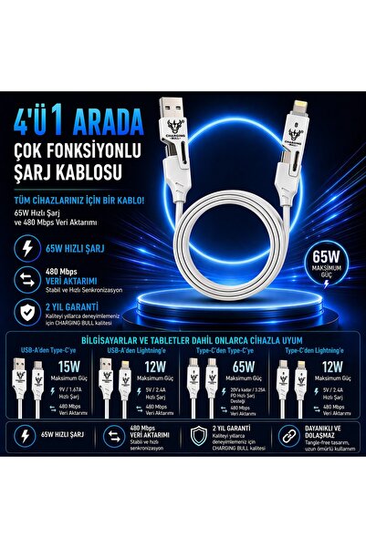 charging bull 4’ü 1 Arada Kablo 65W Hızlı Şarj USB-A Type-C Lightning 480Mbps...